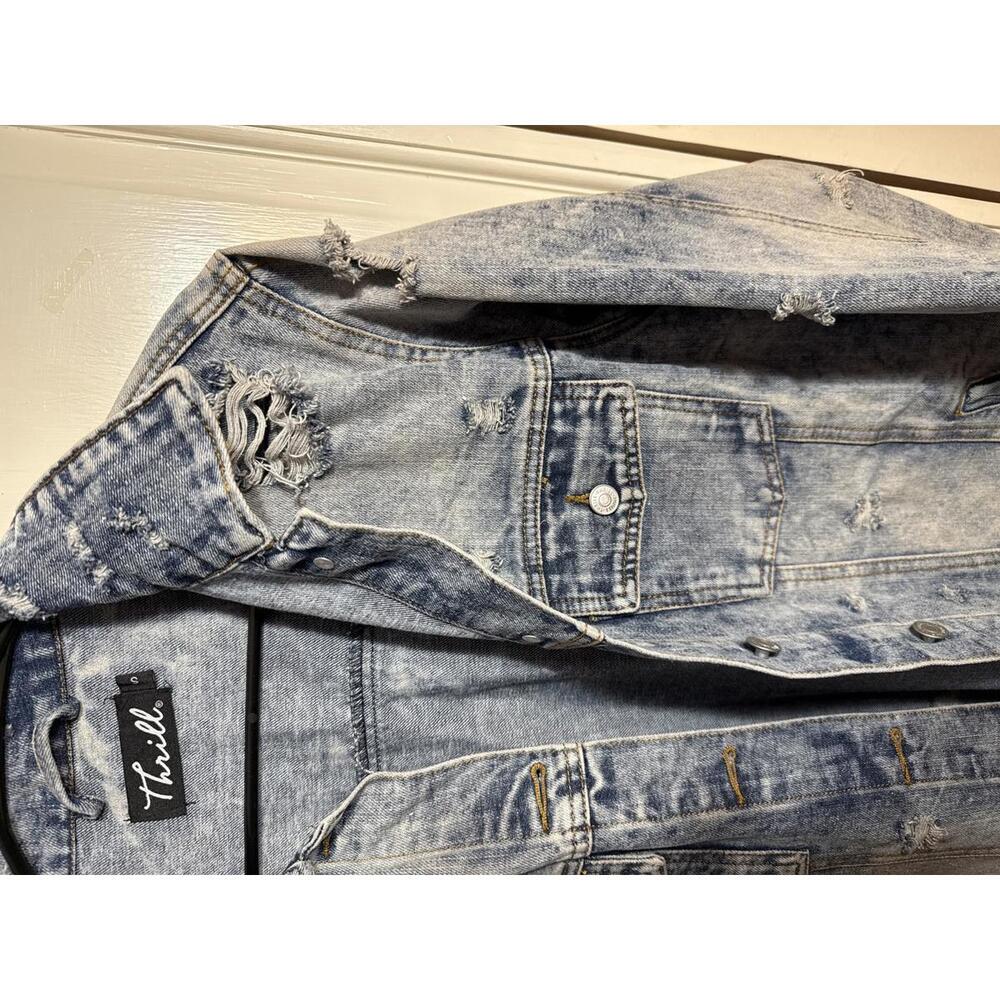 Thrill distressed full length jean jacket Small - Picture 4 of 8